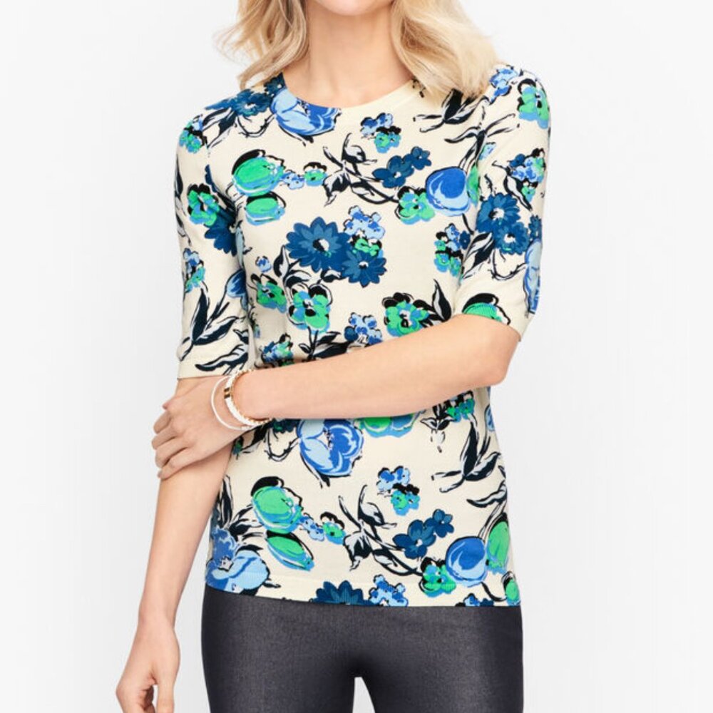 Talbots Floral Cotton Blend Sweater Blue White Size XS NWT Spring